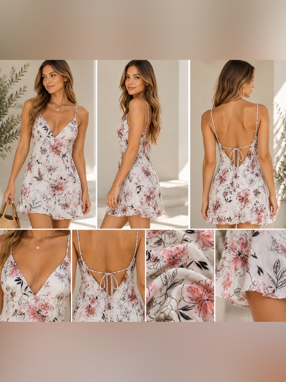 Punto Blanco Gianne Floral Mini Dress Open Back Tie Strappy White Pink M